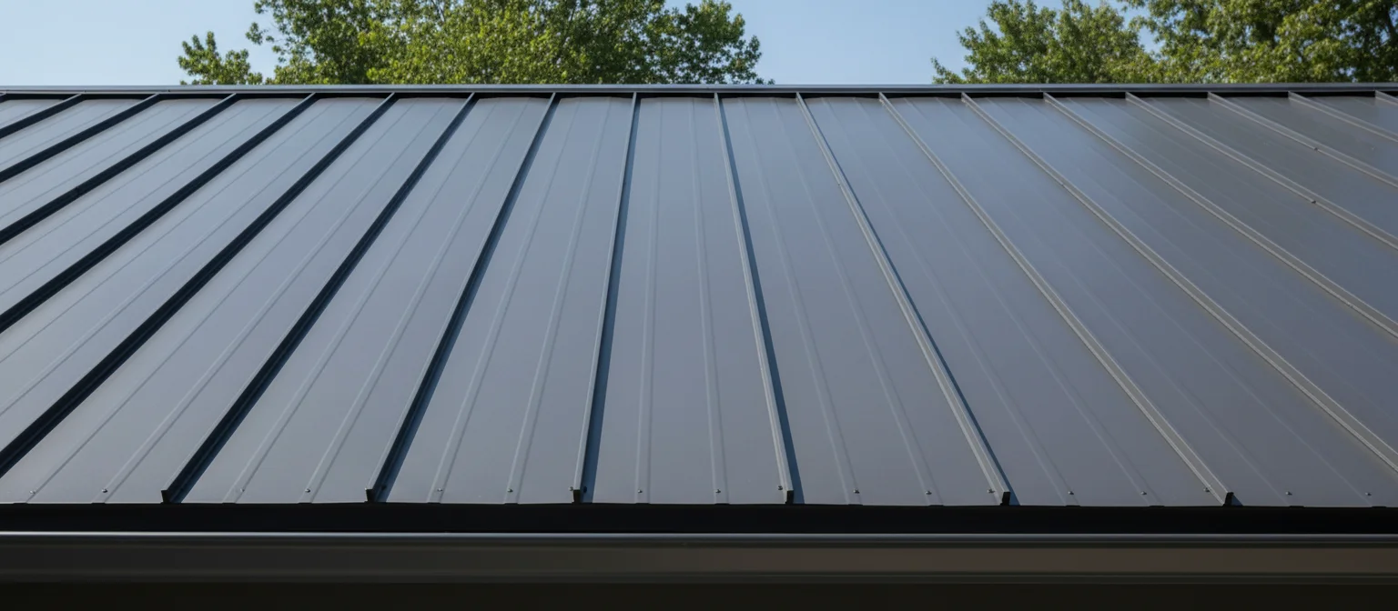 Close-up of standing seam metal roof panels showing vertical seam locks and concealed fasteners