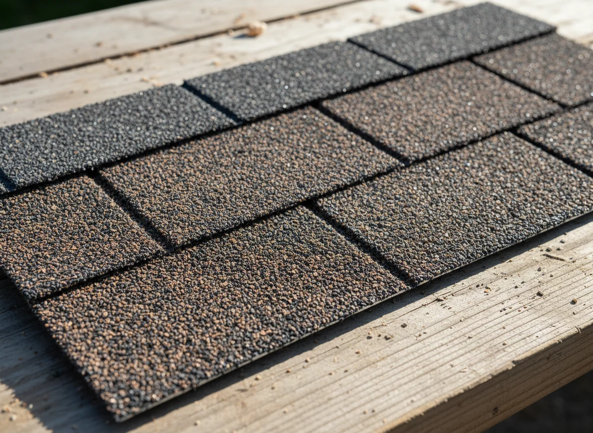 Close-up of stone-coated steel roofing tile showing textured granulated surface